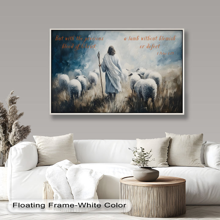 Inspirational painting of Jesus as the shepherd guiding his flock.
