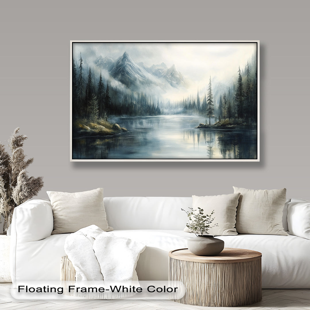 A dreamlike fusion of light and shadow brings this mountain landscape to life, where misty air, calm waters, and towering trees create a mesmerizing sense of stillness and wonder.