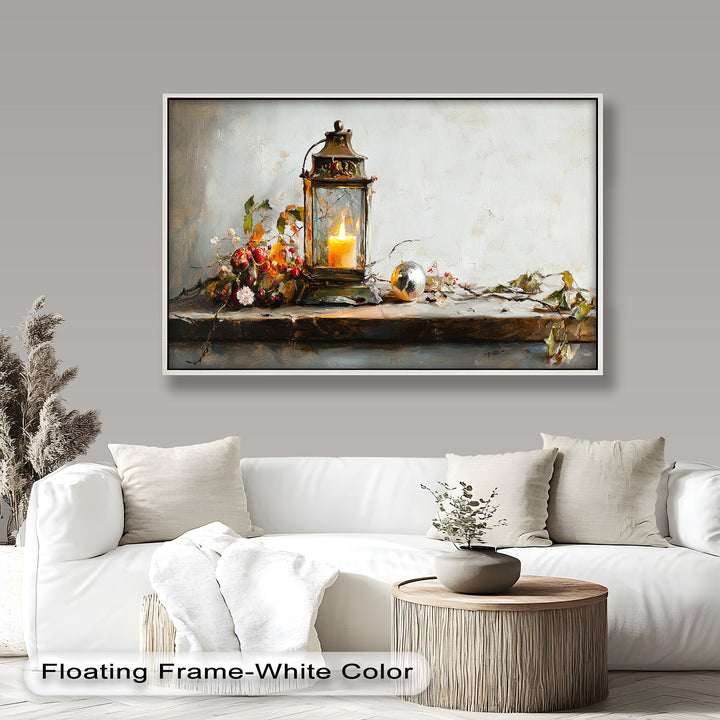 The flickering lantern and surrounding foliage in this artwork bring a sense of quiet reflection and holiday warmth to any space.

