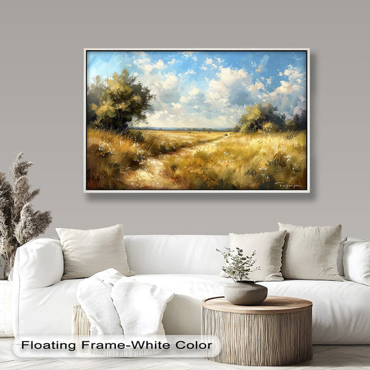 Afloat with soft clouds and azure skies, the background of this nostalgic landscape framed art enhances the modern oil painting art depiction of serene golden fields.