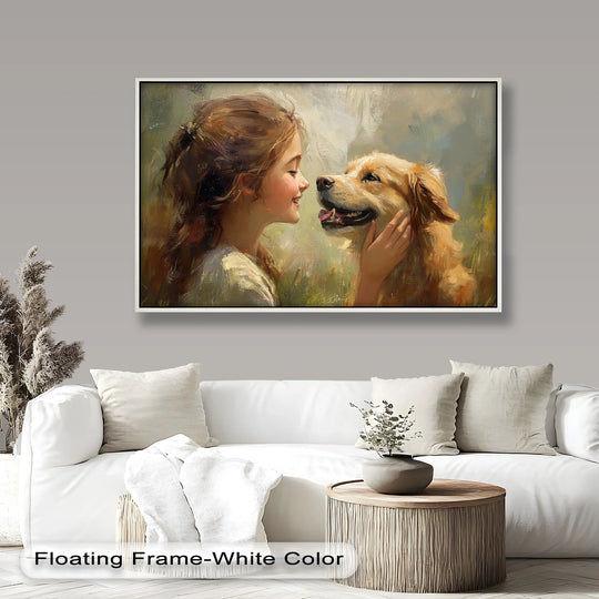 In the stillness, a tender animal oil painting decoration captures a girl's serene connection with her golden retriever bathed in gentle light.