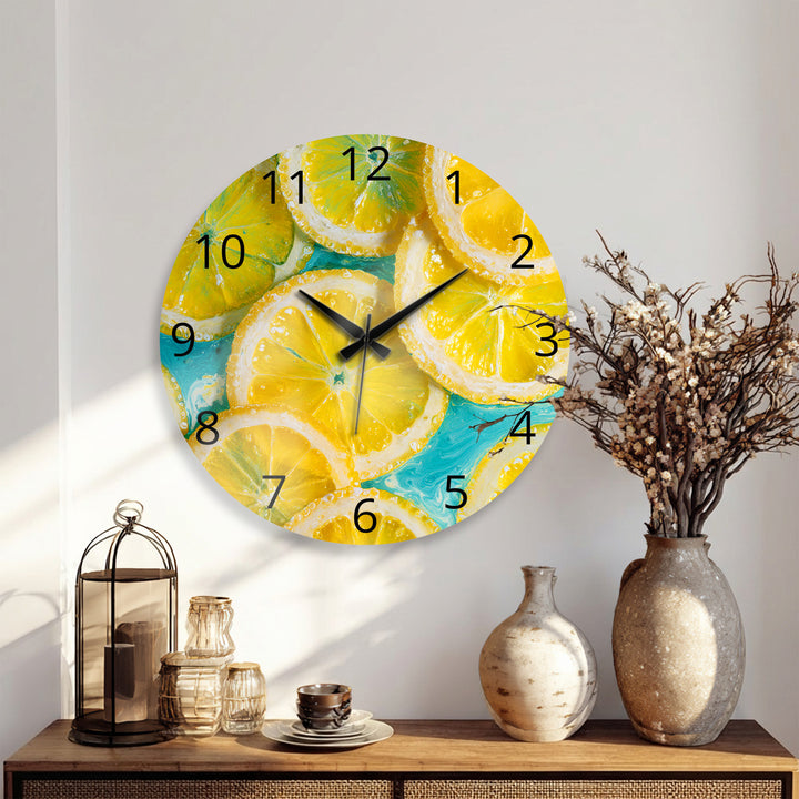 Yellow Lemon Glass Wall Clock – Bright Citrus Kitchen Decor