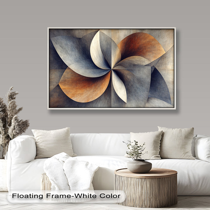 Geometric abstract painting with layered petal-like forms in earthy tones.
