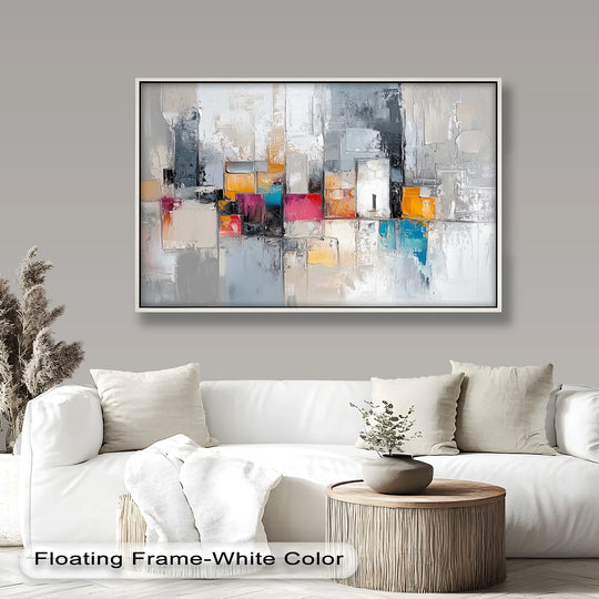 The stillness of the urban geometry modern oil painting art captures the quiet energy of the color block cityscape abstract form.