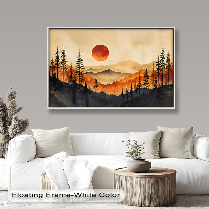 The sharp contrast between the dark trees and glowing sky creates a dramatic and atmospheric composition.