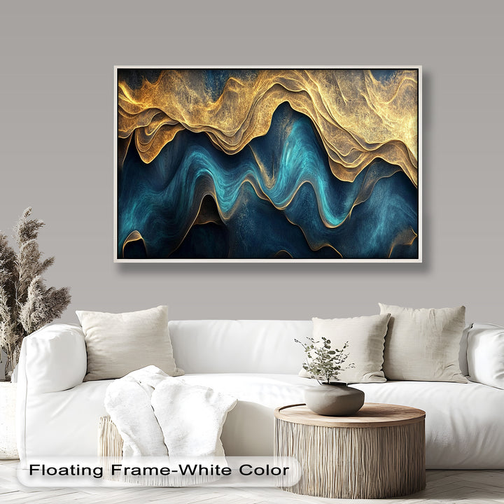 Elegant layered painting showcasing metallic gold and dynamic teal movement.
