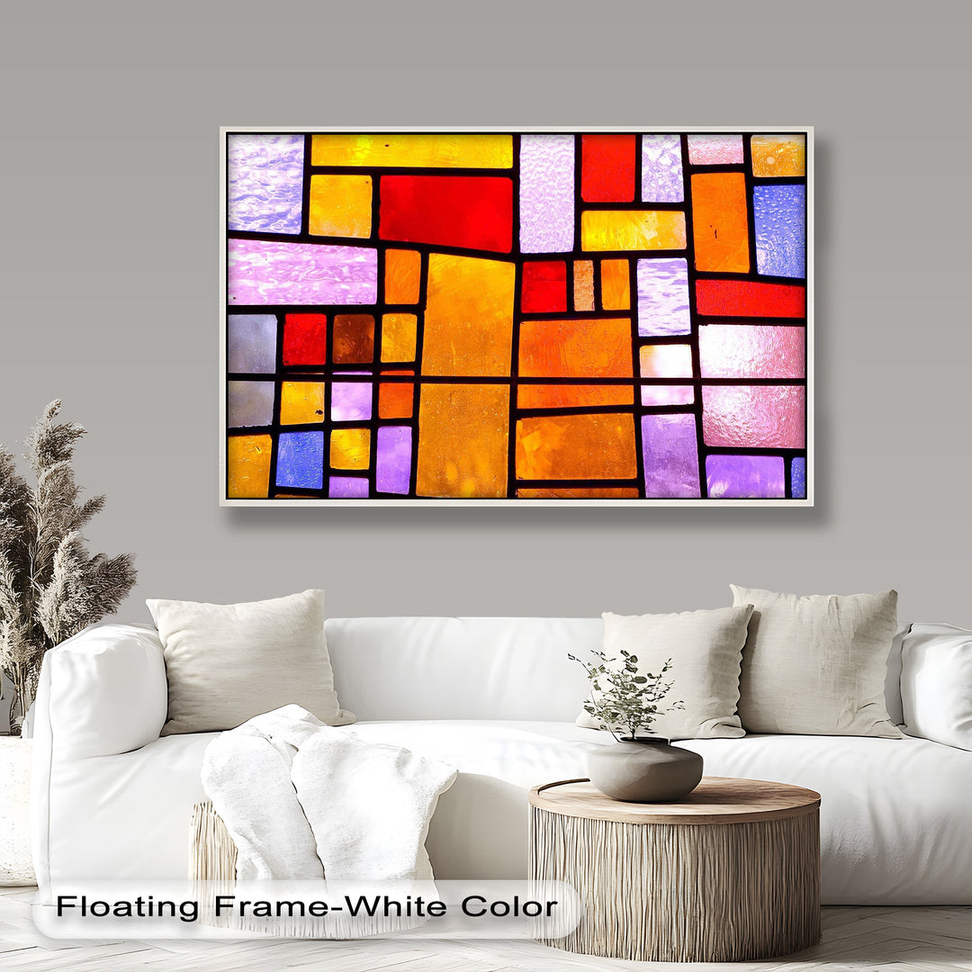 A colorful mosaic of translucent geometric shapes in warm hues of red, orange, yellow, and lavender outlined with bold black lines.