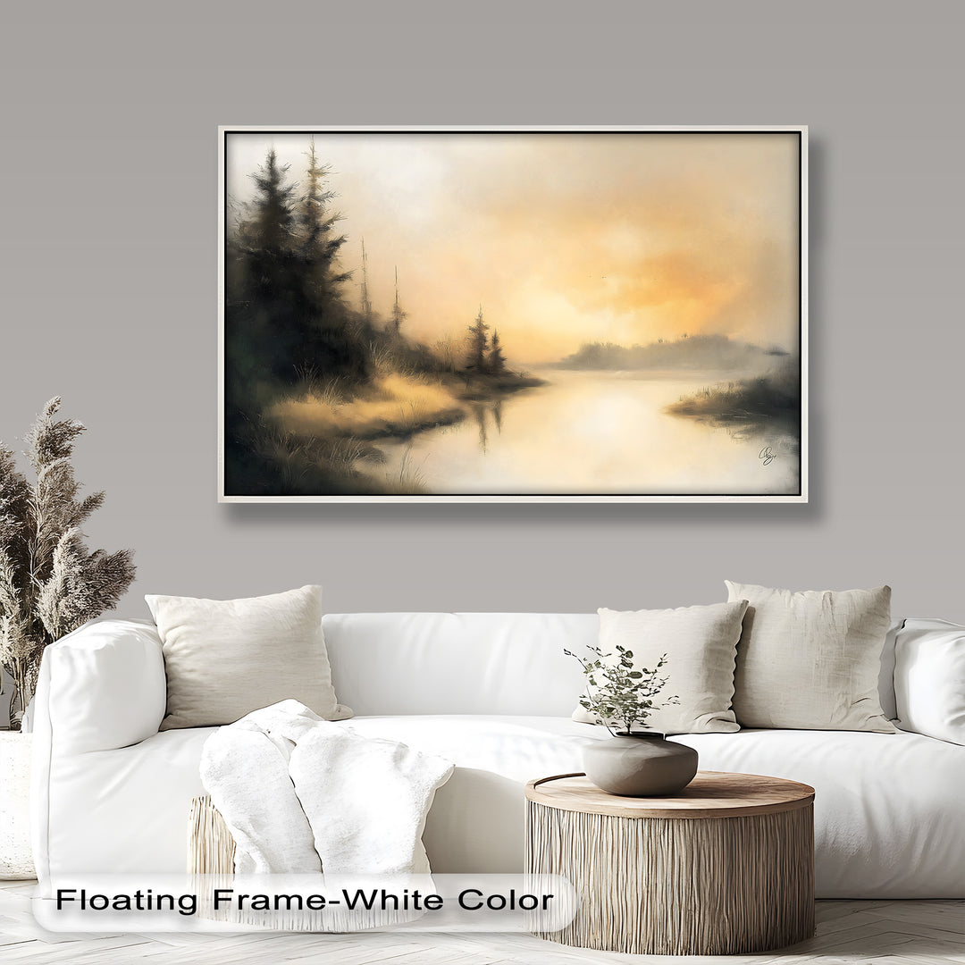 A serene landscape painting featuring a misty lake at sunrise, with golden hues blending into soft, atmospheric reflections on the water.