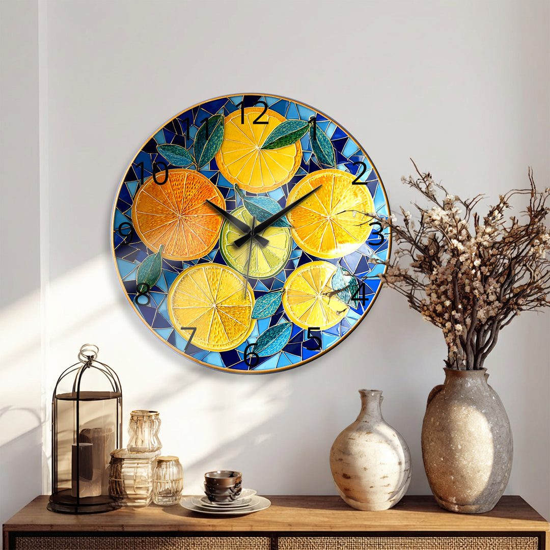 Lemon and Orange Glass Wall Clock – Mediterranean Kitchen Decor