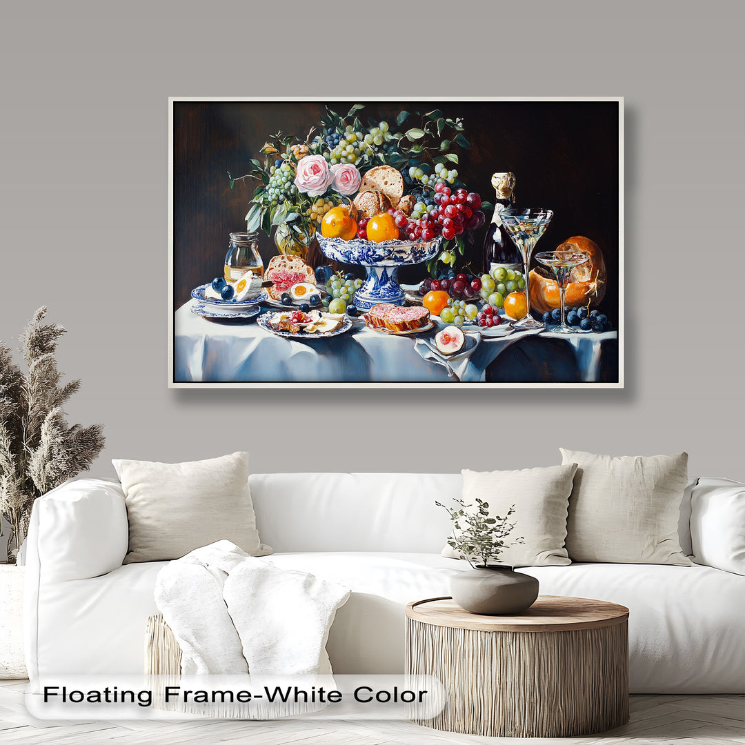 The intricate porcelain dishes and lush floral arrangement enhance the grandeur of this still life, making it ideal for elegant dining room decor.

