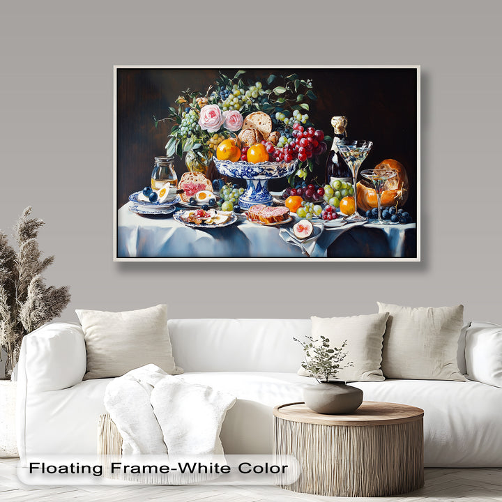 The intricate porcelain dishes and lush floral arrangement enhance the grandeur of this still life, making it ideal for elegant dining room decor.

