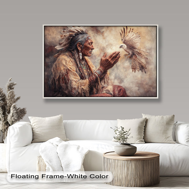 Whisper to the Spirit – Native Elder and Falcon Oil Painting