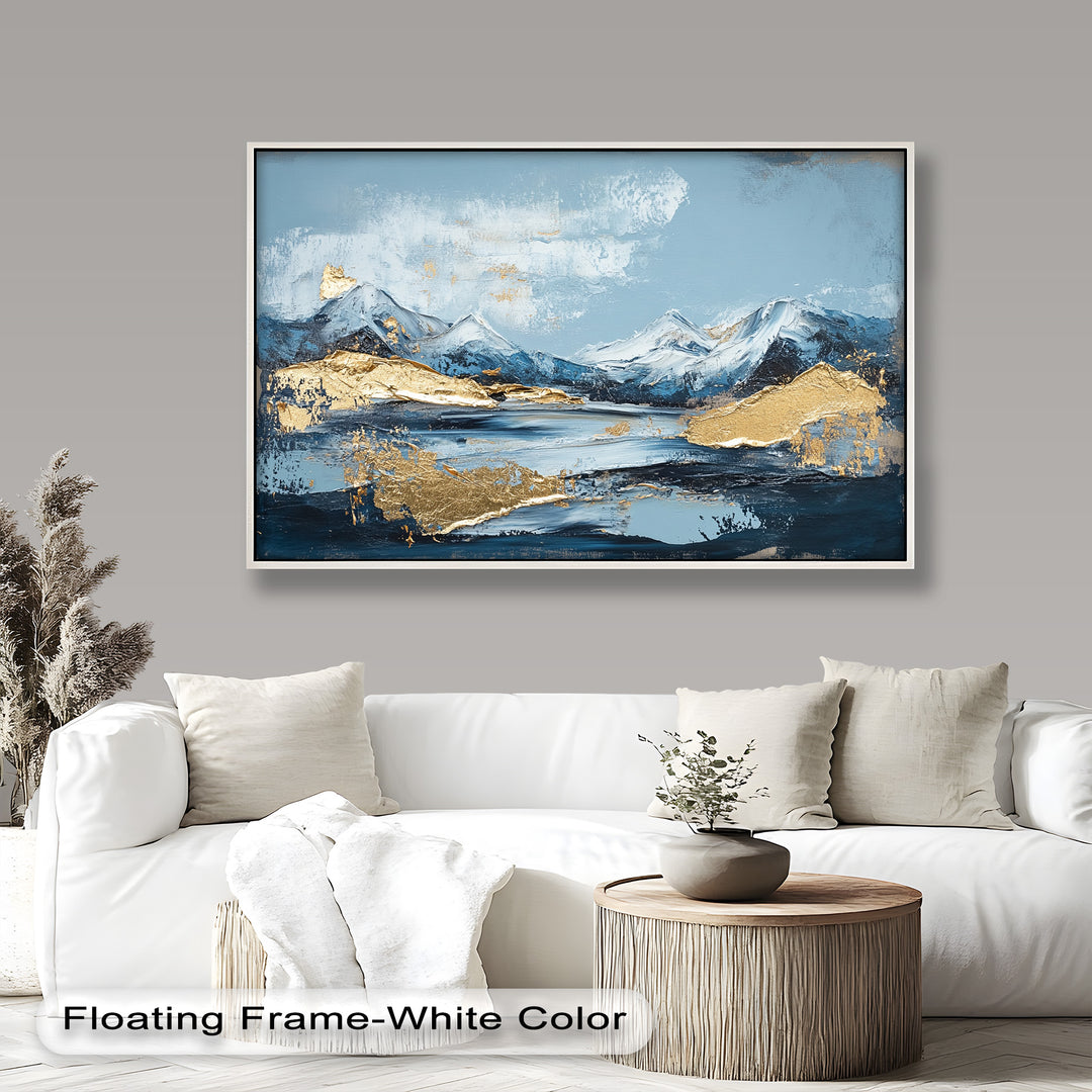 Textured mountain landscape with gold leaf and icy blues.
