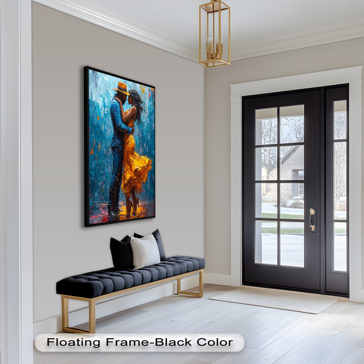 Midnight Embrace – Vibrant Couple in Yellow Dress Oil Painting