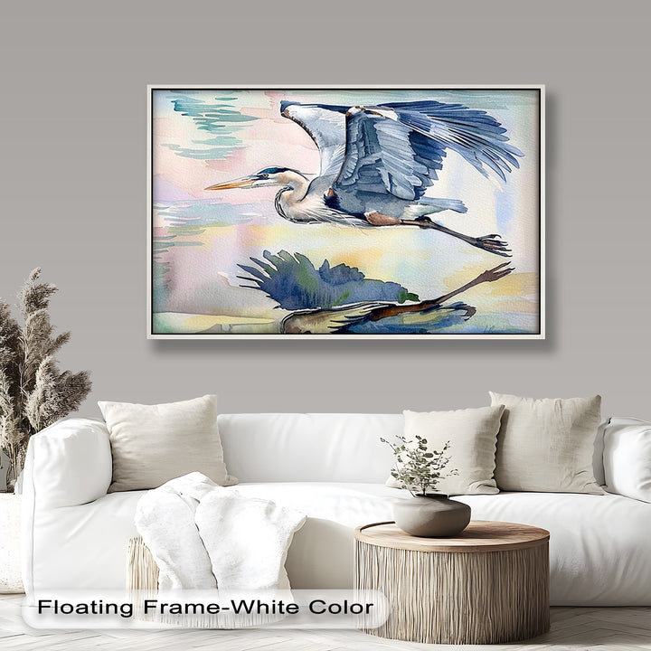 Artistic portrayal of a majestic bird flying over water, capturing the moment of movement with delicate watercolor techniques.