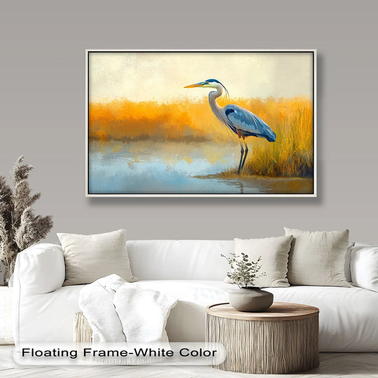 The brightest area highlights the golden marsh behind a striking blue heron in this captivating oil painting art piece.