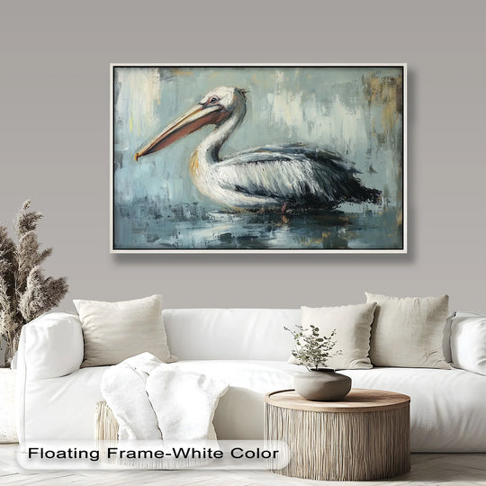 Cool color temperatures dominate this animal oil painting art piece, depicting a white pelican in a watery scene with muted blues and grays.