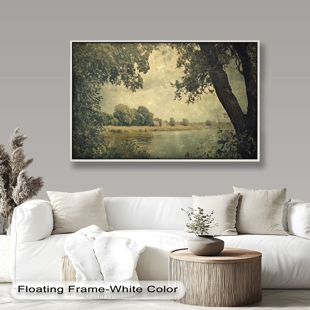 Rustic riverbank scene with cottages nestled among lush trees.
