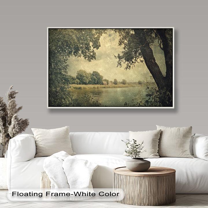 Rustic riverbank scene with cottages nestled among lush trees.
