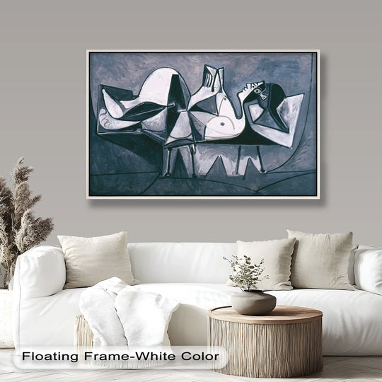 The stillness of the scene highlights the geometry of this monochrome reclining Picasso oil painting reproduction print, a study in grayscale shapes and quiet form.