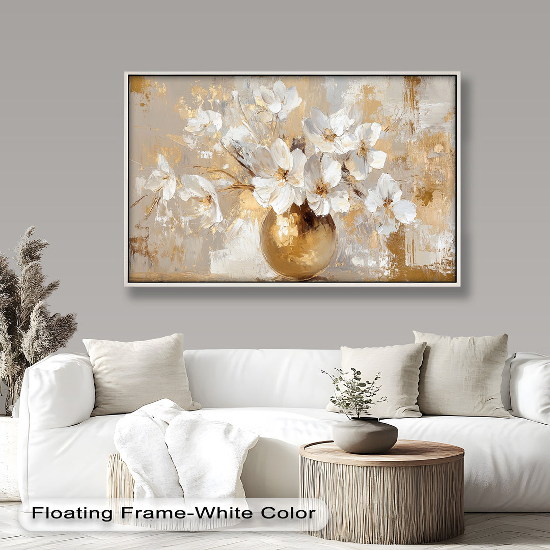 White flower bouquet painting in gold vase with rich textured brushwork.
