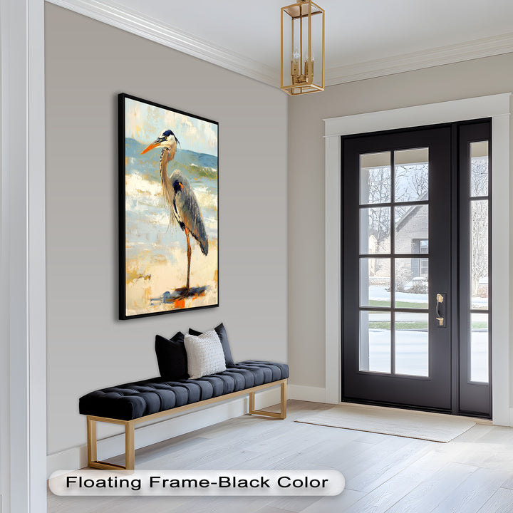 Elegant Heron Standing on Shoreline – Framed Oil Painting
