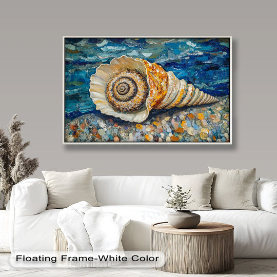Negative space accentuates the spiral shell in this coastal shoreline oil painting, enhancing the depth of the oil painting art prints on a textured backdrop.