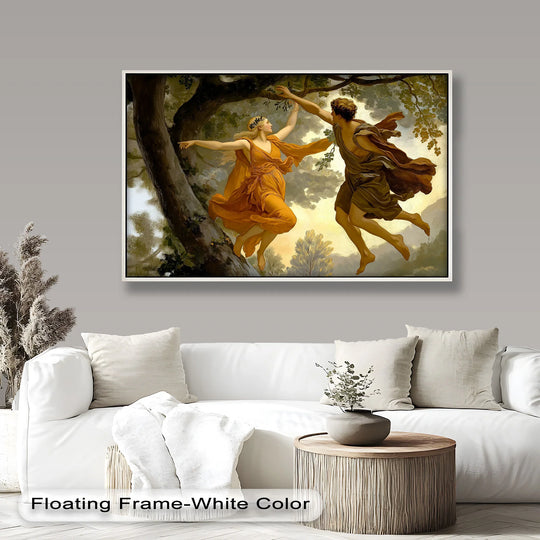 Rich color saturation enhances the Renaissance oil painting decoration depicting Apollo and Daphne's mythological chase within a captivating landscape.