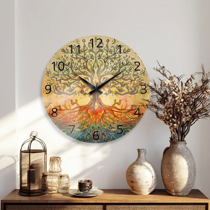 Golden Tree of Life Glass Wall Clock – Boho Botanical Decor