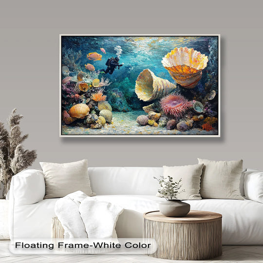 Finely crafted oil painting artwork displays textured brushstrokes, bringing out the vibrant colors and detailed coral reef scene with the diver and giant shells.