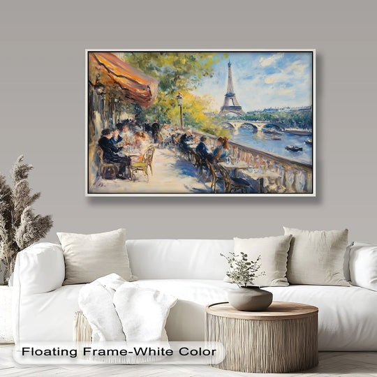 Intense color contrast between the bright Eiffel Café Serenity and the muted tones of the interior create an eye-catching oil painting wall art piece.