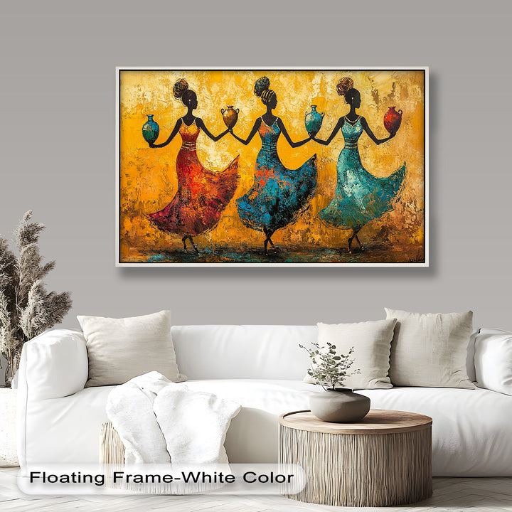 Farbenfrohe afrikanische Frauenkunst – Gerahmtes Ölgemälde