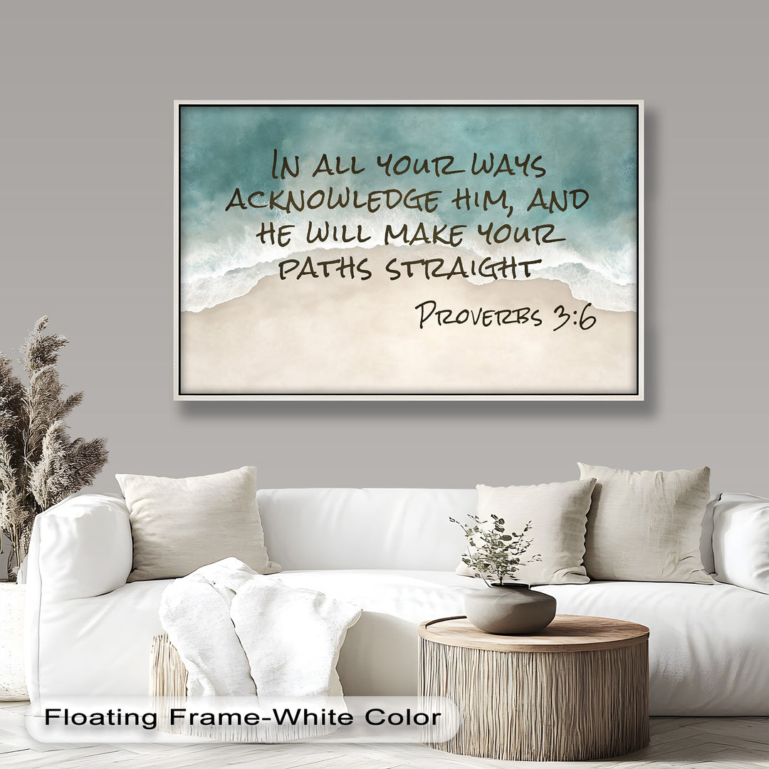 Peaceful beach painting with Proverbs 3:6 about divine guidance.
