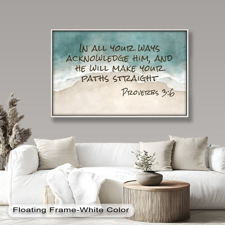 Peaceful beach painting with Proverbs 3:6 about divine guidance.
