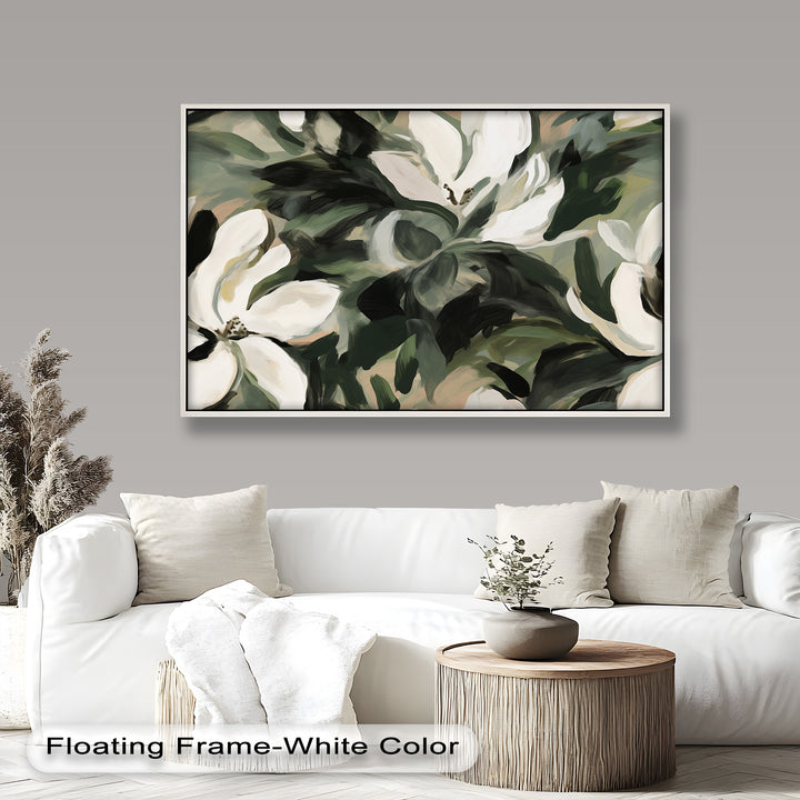 Cream Blooms in Forest Green - Flower Oil Painting