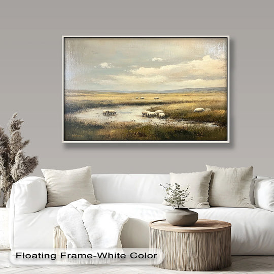 Within the darkest area, the framed vintage sheep modern art oil painting wall art depicts sheep wading through a murky watering hole, contrasting against the bright landscape.