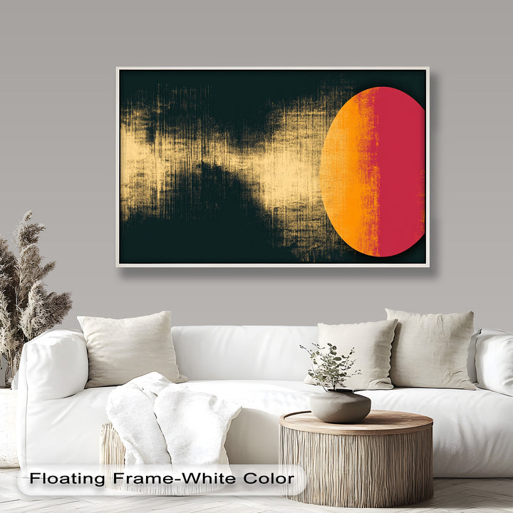 Minimalist abstract painting with a bold red and orange circle on a textured black background.
