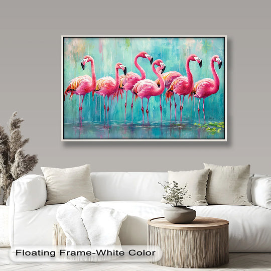 Featuring the impressionistic background, this flamingo flock animal oil painting reproduction print boasts an artistic swirl of turquoise hues and soft, diffused light.