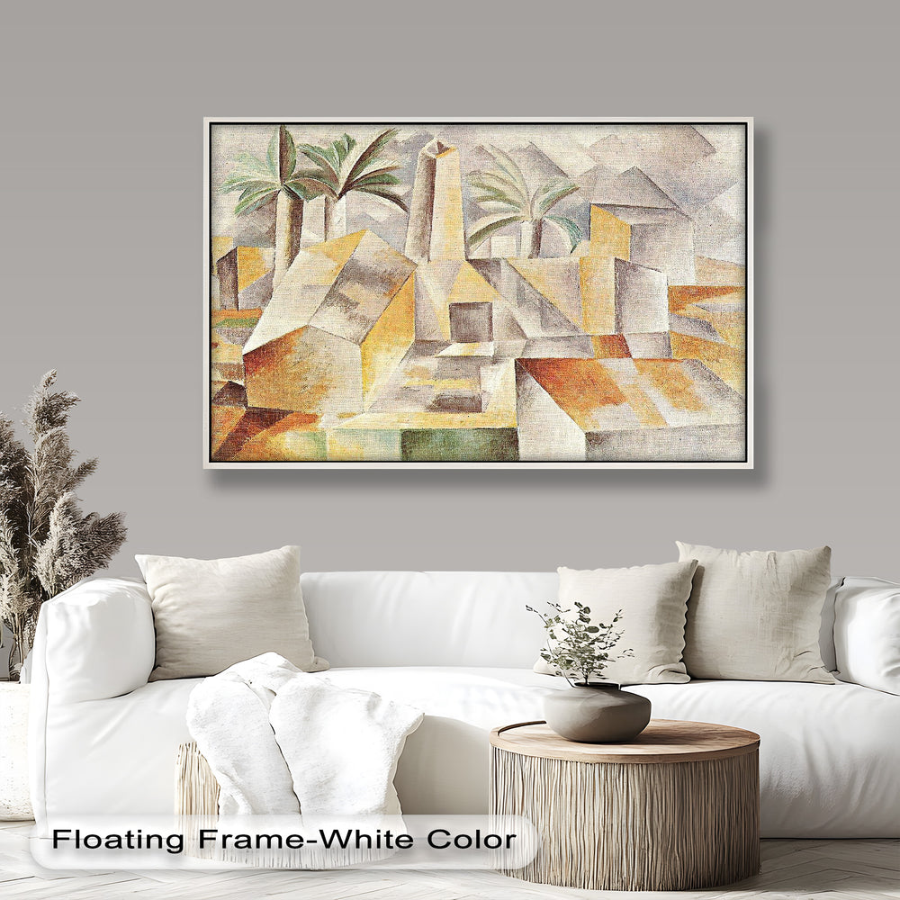 A cubist interpretation of a desert village, featuring simplified geometric buildings and stylized palm trees.