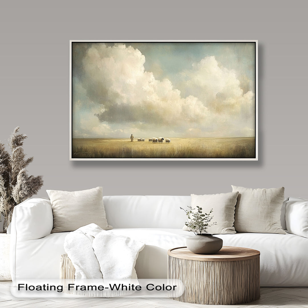 Peaceful landscape painting with shepherd and sheep under vast sky.
