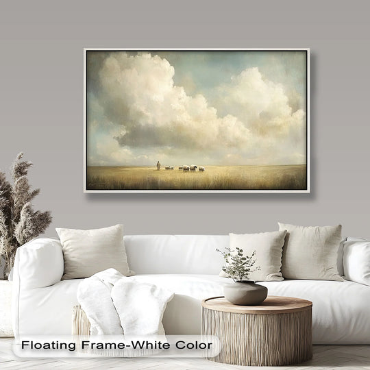 Vast clouds dominate this pastoral landscape art as an example of beautiful oil painting decoration for adding a peaceful presence to your home.