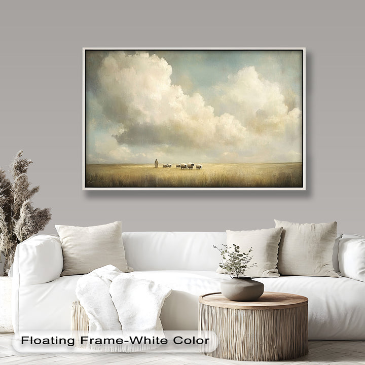 Peaceful landscape painting with shepherd and sheep under vast sky.
