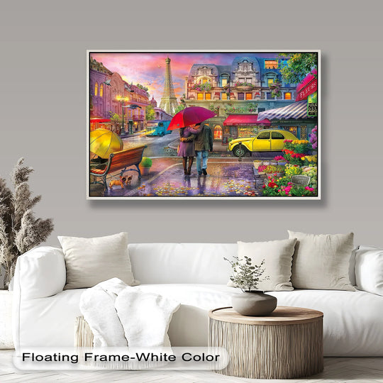 A vibrant cityscape painting of a rainy Paris street, featuring a cozy café, a yellow vintage car, and colorful flowers reflecting the charm of the city
