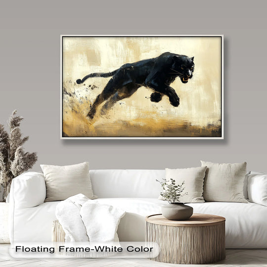 Dominated by black, this dynamic animal oil painting features a charging black panther in motion, showcasing expressive brushstrokes and vivid oil painting art prints.