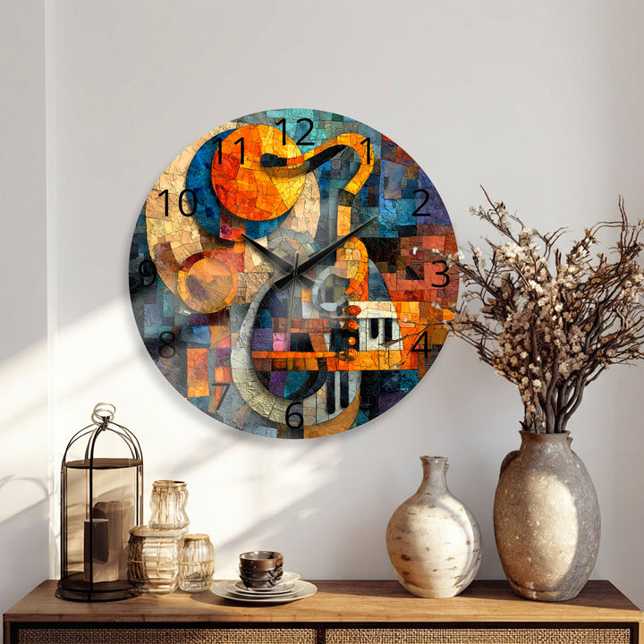 Music Glass Wall Clock – Treble Clef and Piano Mosaic Decor