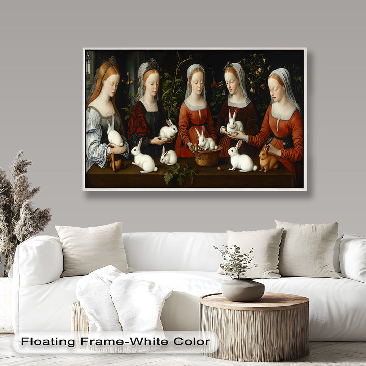 Maiden Garden Gathering – Renaissance Rabbit Portrait Oil Painting