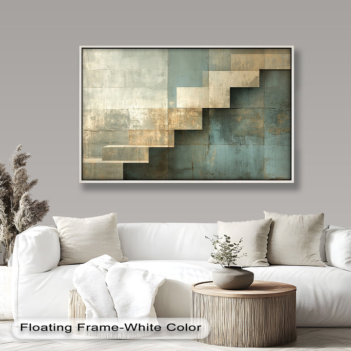 Geometrische Schritte Abstrakt – Blau &amp; Beige Modernes Ölgemälde