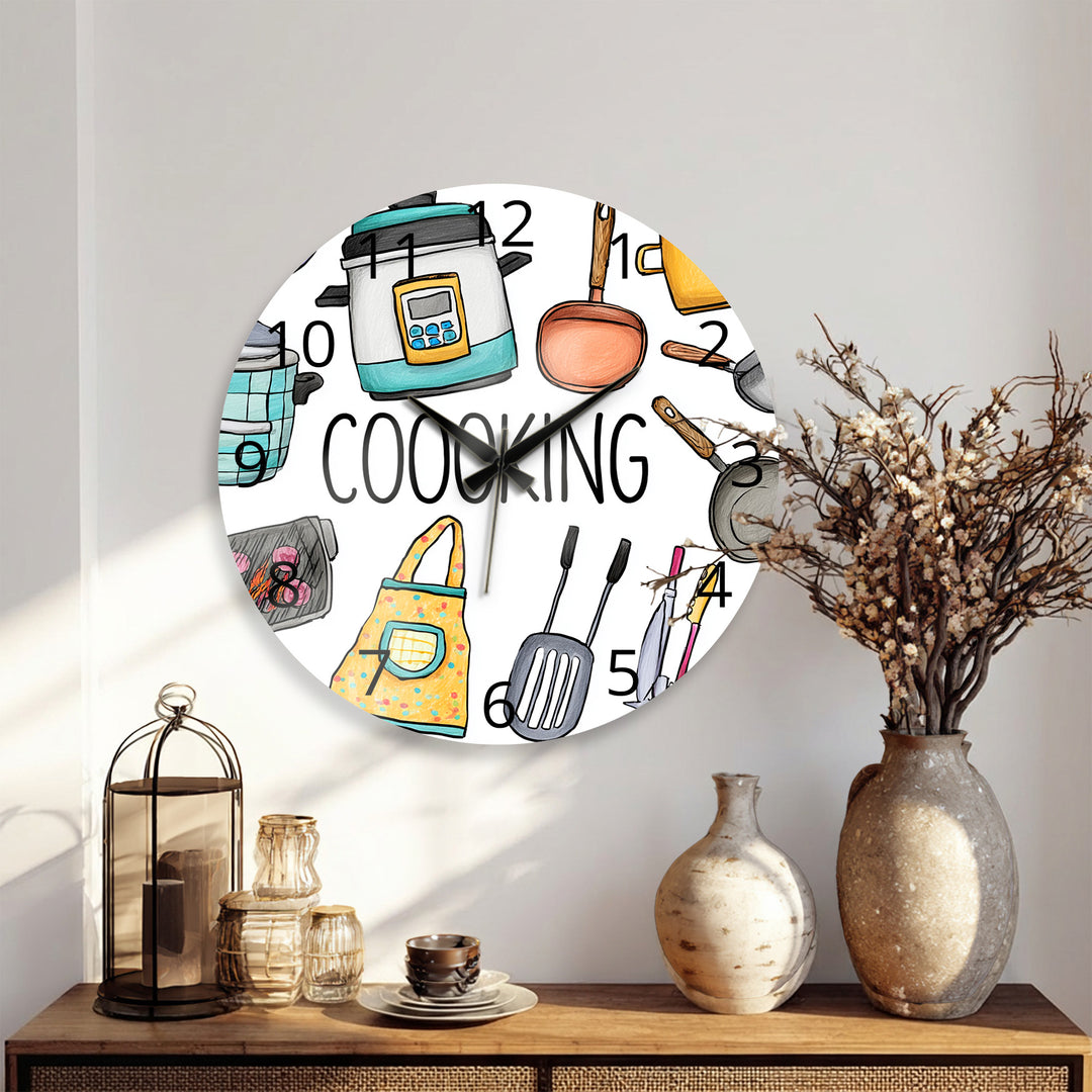 Colorful Cooking Glass Wall Clock – Kitchen Utensil Decor