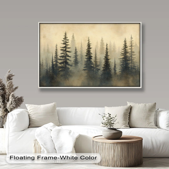 Low color saturation enhances the tranquil mood of this mystic pine forest scene, an oil painting reproduction print of misty trees.