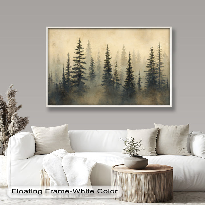 Tranquil forest landscape painting with misty pine trees at dawn.
